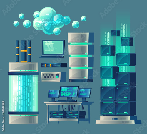 Vector cartoon set of equipment and devices for data processing and storage, database, cloud services, network connection, hosting. Modern computer technologies concept illustration