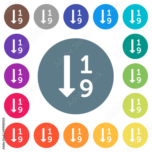 Ascending numbered list flat white icons on round color backgrounds