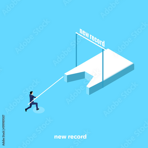 man in a business suit with a pole is preparing to take a new record in pole vaulting, isometric image