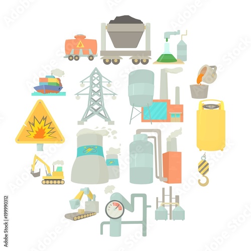 Industrial symbols icons set, cartoon style