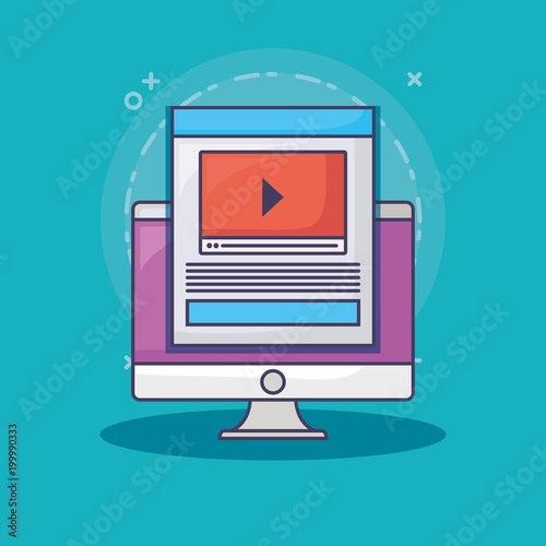 computer and web interface over blue background, colorful design. vector illustration 