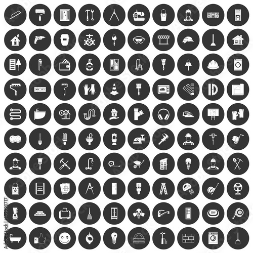 100 renovation icons set black circle