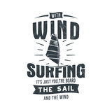Vintage hand drawn windsurfing, kitesurfing tee graphic design. Summer travel t shirt. poster concept with retro surfboard and typography. Surfing tee design template. Stock vector print isolated