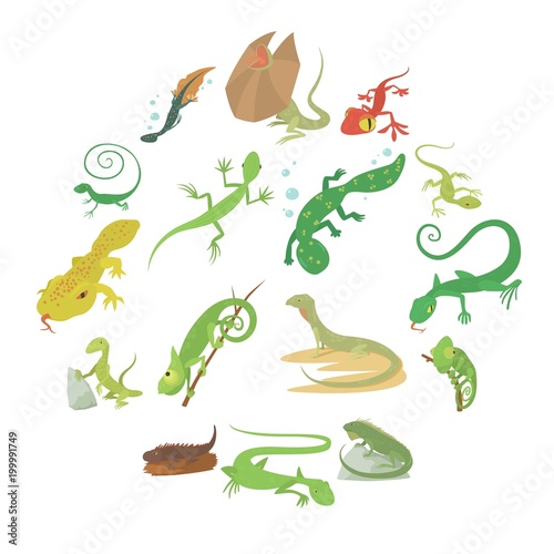 Lizard type animals icons set  cartoon style