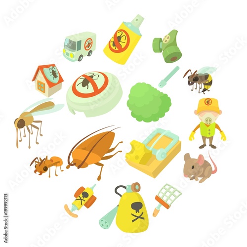 Pest control terminate icons set, cartoon style