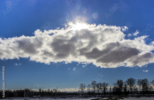 on a blue sky clouds on a diagonal horizontal sun bright glare beams expanse trees © Volha