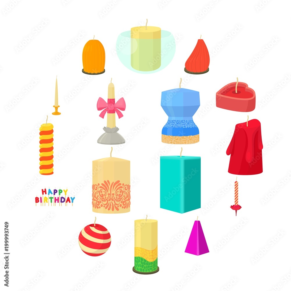 Candle forms icons set, cartoon style Candle forms icons set, cartoon style
