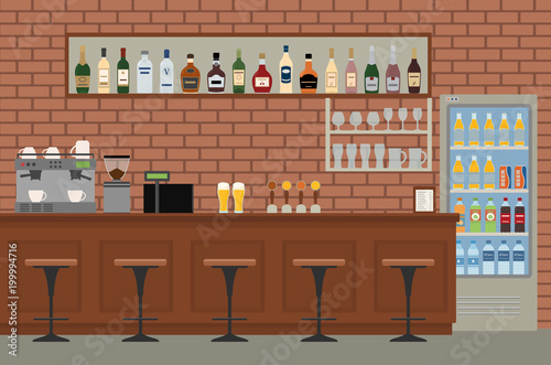 Empty bar interior. Pub with wooden counter, chairs and equipment. Flat design vector illustration.
