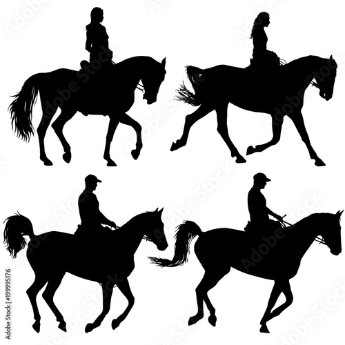 Set black silhouette of horse and jockey