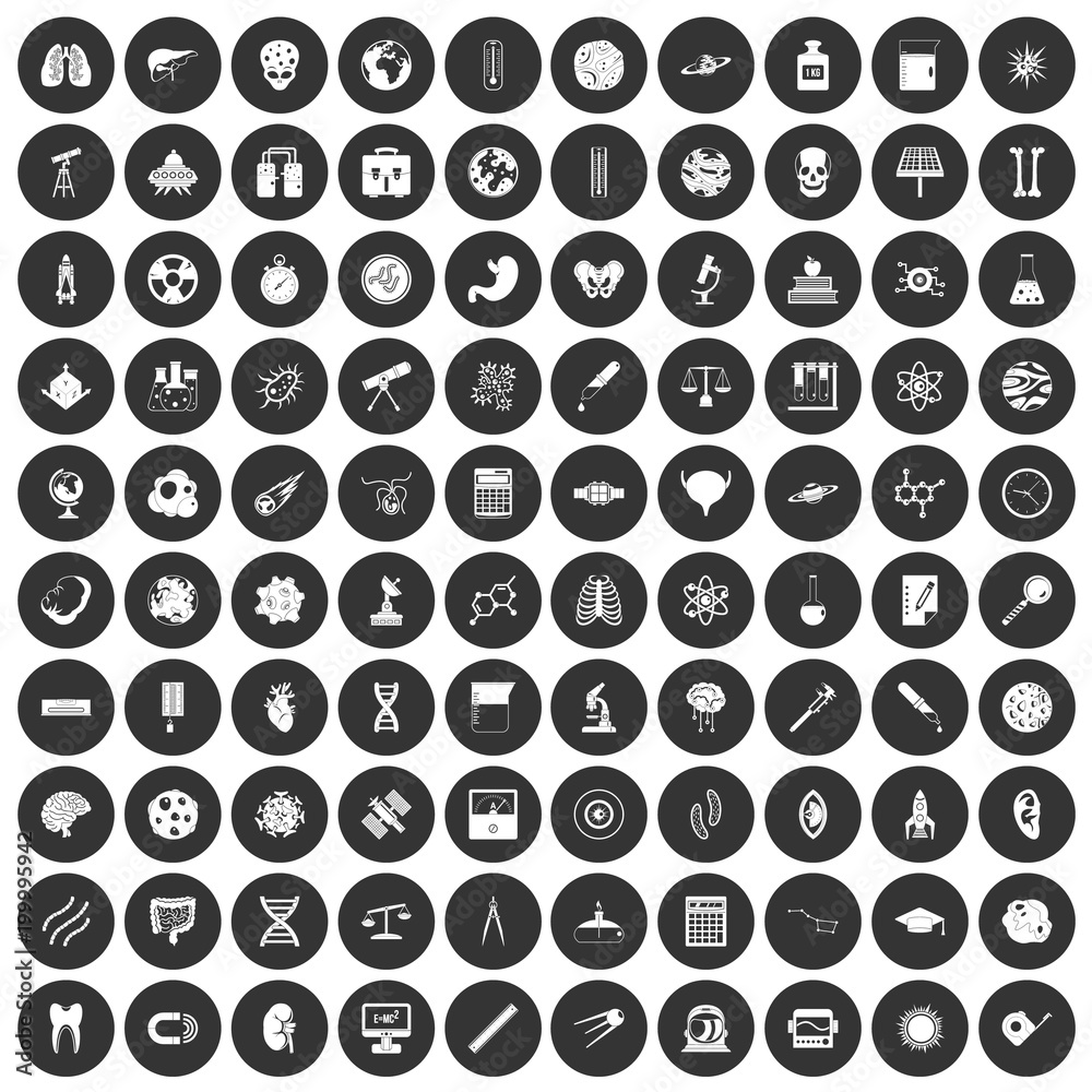 100 science icons set black circle 100 science icons set black circle
