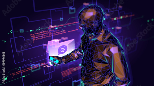 Concept of businessman on blurred background chatting with chatbot application. 3d illustration