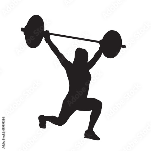 Fitness woman with barbell, weight lifting. Strength training. Lunge. Vector silhouette