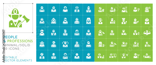 Set of 50 Universal People and Professions Icons on Color Background . Isolated Elements