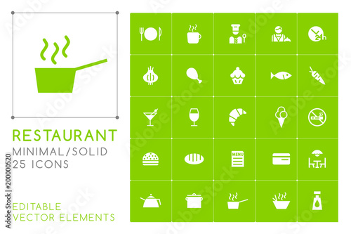 Set of 25 Universal Restaurant Icons on Color Background . Isolated Elements