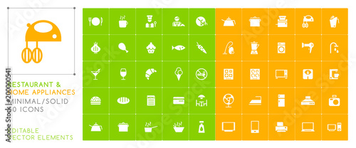 Set of 50 Universal Restaurant and Home Appliances Icons on Color Background . Isolated Elements.