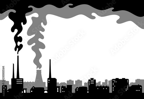Illustration of a dark city and industrial area; Smoke from the pipes of factories; Air and environment pollution; Silhouette, vector.