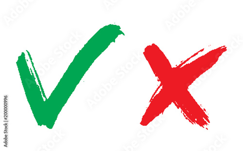 Vector illustration with green and red hand drawn  grungy check mark. Green check mark icon. 