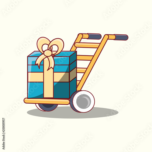 hand cart with gift box over white background, free delivery concept. colorful design. vector illustration