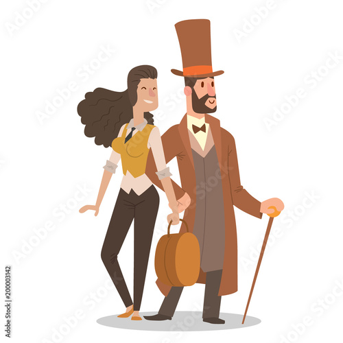 Vintage victorian cartoon gents retro people vector. Style fashion old people victorian gentleman clothing antique century character victorian gent people vintage wild west man and woman style