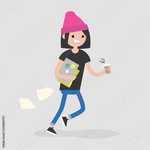 Young female character being late for a meeting. Office morning routine. Millennials at work. Flat editable vector illustration, clip art