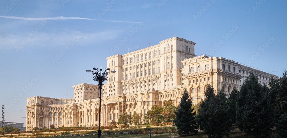 View of the monumental Ceausescu Palace in Bucharest, Romania on a bright sunny morning