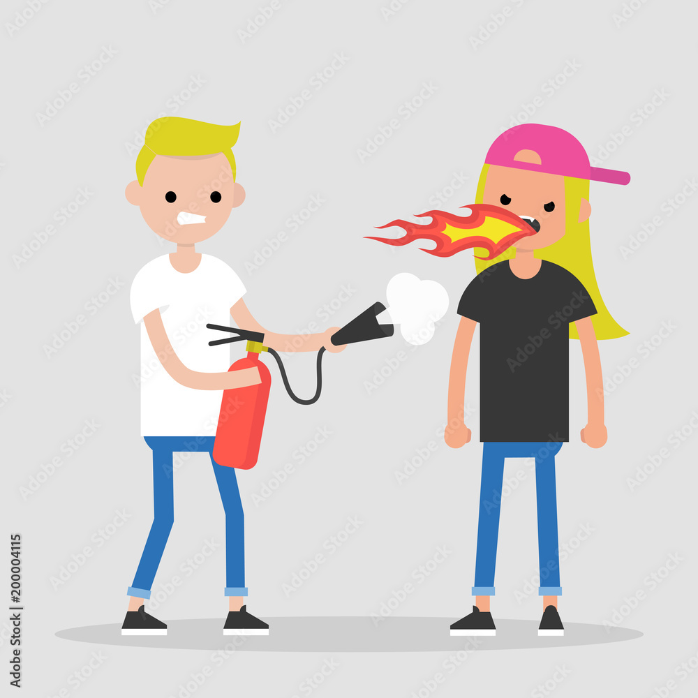 Quarrel conceptual illustration. Two arguing characters. Flames and fire extinguisher. Flat editable vector illustration, clip art Quarrel conceptual illustration. Two arguing characters. Flames and fire extinguisher. Flat editable vector illustration, clip art