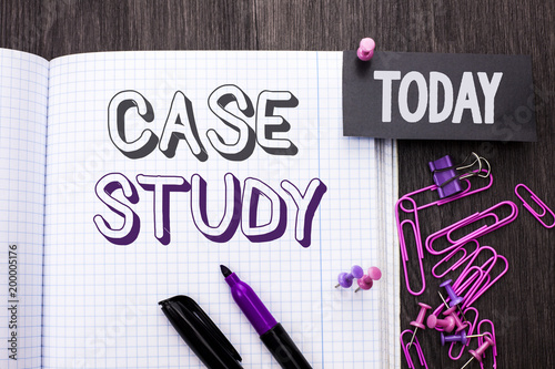 Handwriting text Case Study. Concept meaning Research Information Analysis Observe Learn Discuss Criteria written on Notebook Book on wooden background Today with Thumbpin Marker Paper Clip. photo