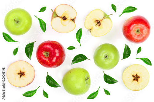 red and green apples with slices decorated with green leaves isolated on white background top view. Flat lay pattern