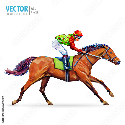 Jockey on horse. Champion. Horse racing. Hippodrome. Racetrack. Jump racetrack. Horse riding. Racing horse coming first to finish line. Isolated on white background. Vector illustration.