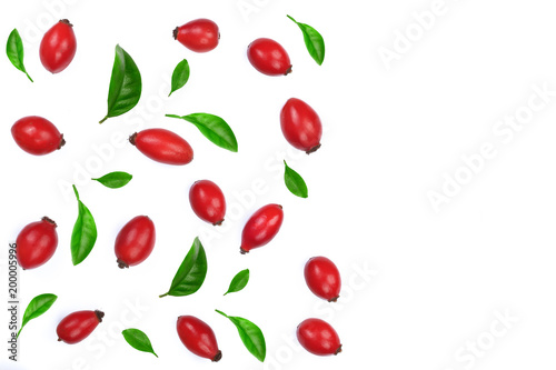 rosehip berries decorated with green leaves isolated on white background. Flat lay pattern. Top view