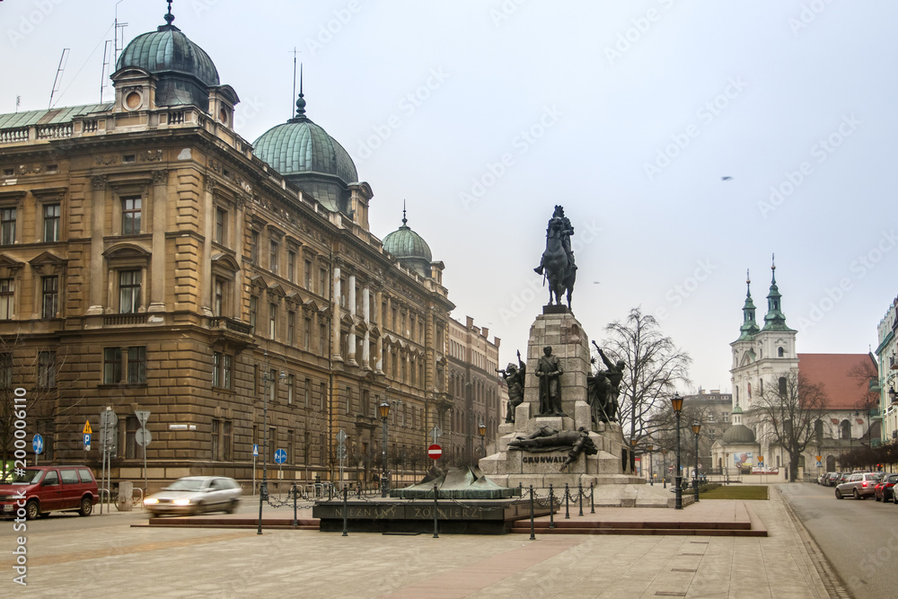 Krakow, Lesser Poland / Poland - Feb 04 2018:  Grunwald Monument. On top of he horse is King Wladyslaw Jagiello