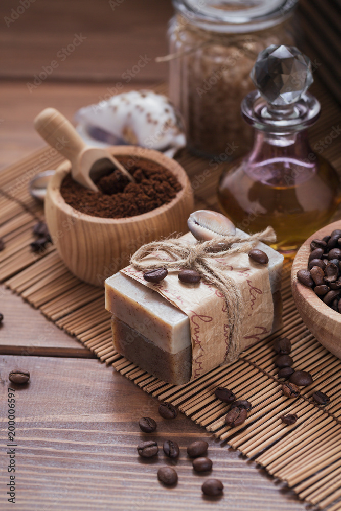 Natural handmade soap, aromatic cosmetic oil, sea salt with coffee beans Natural handmade soap, aromatic cosmetic oil, sea salt with coffee beans