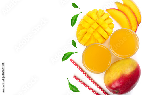 Mango juice and fruit isolated on white background with copy space for your text. Top view. Flat lay