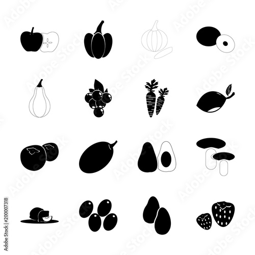 icon Fruits And Vegetables with citrus, olive oil, coco palm, olive branch and citus