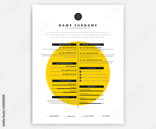 Creative curriculum vitae CV yellow design template for artistic person