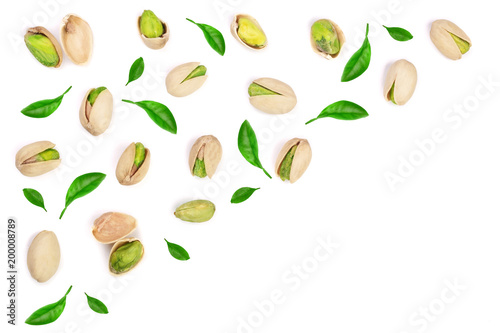 Pistachios isolated on white background, top view. Flat lay pattern