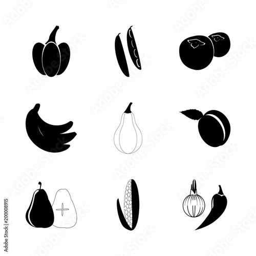 icon Fruits And Vegetables with bulb onion, chili, fruits, corn and bananas