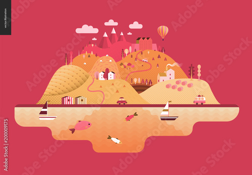 Magical summer landcape - green island with hills, roads, cars, castle, houses and trees, with mountains, balloon and clouds above and waving sea and striped houses on the coast.