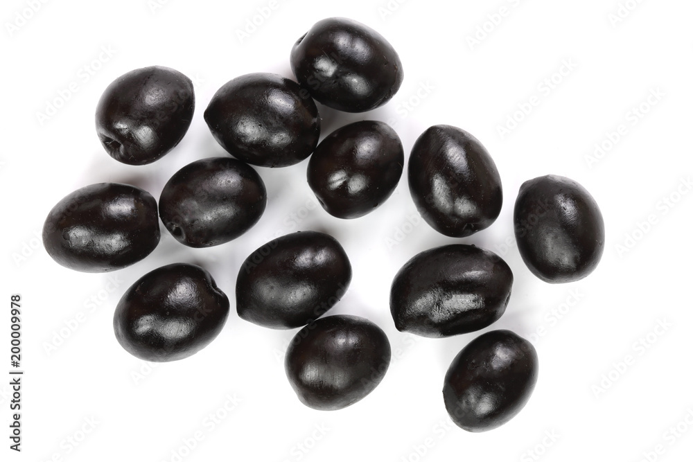 whole black olives isolated on white background. Top view. Flat lay pattern