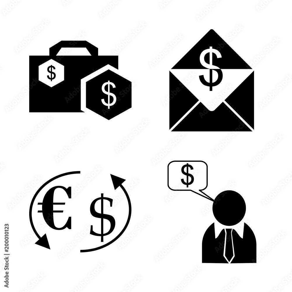 icon Currency with bag, finance, banknote, envelope with money and cashier icon Currency with bag, finance, banknote, envelope with money and cashier