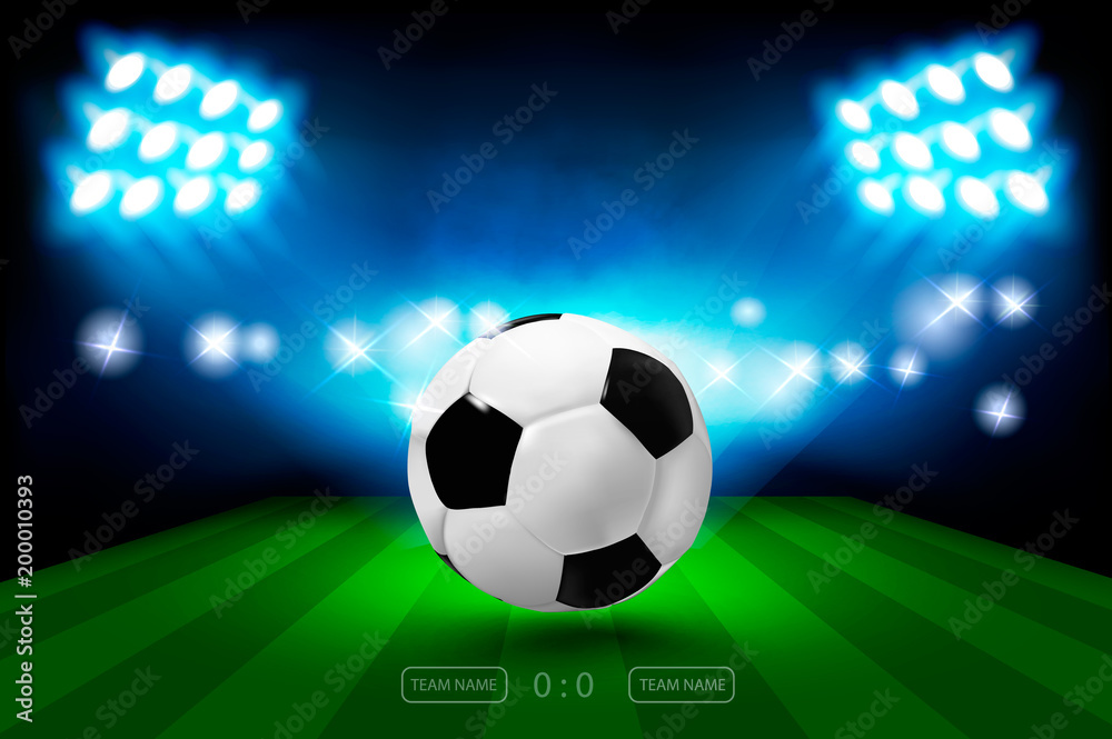 Naklejka premium Football arena with bright stadium lights and ball. Football Championship 2018 Soccer Cup. Vector illumination