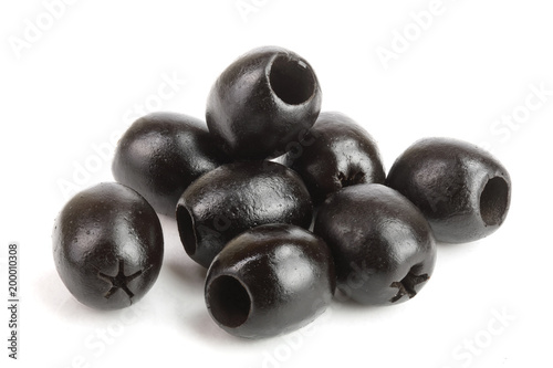 whole black olives isolated on white background macro