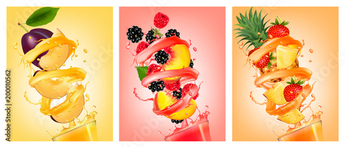 Set of fruit in juice splashes. Peach, strawberry, blackberry, pineapple, strawberry and peach. Vector.