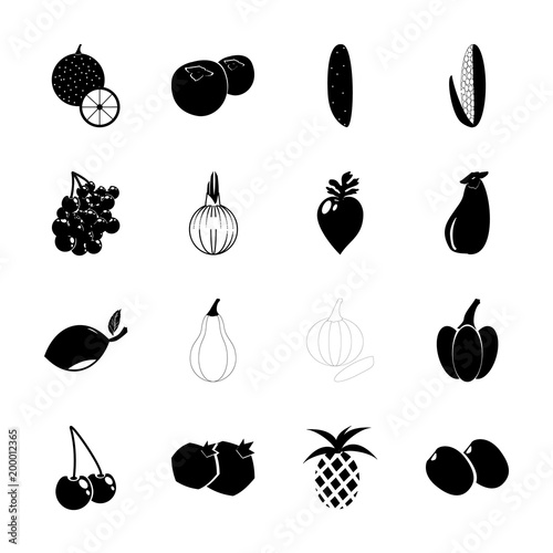 icon Fruits And Vegetables with pinery, lemon, salad, citrus fruit and sweet cherry