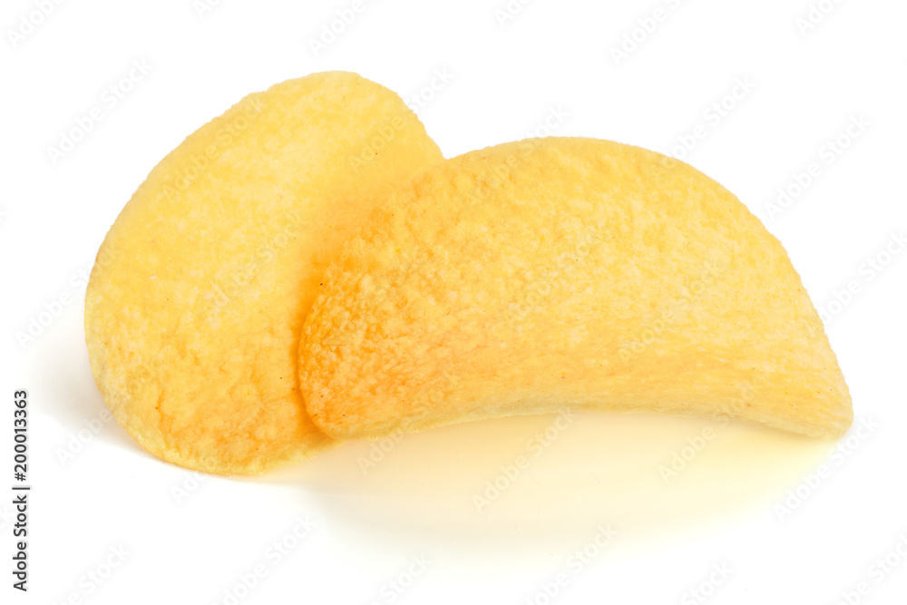 two potato chips on white background close-up two potato chips on white background close-up
