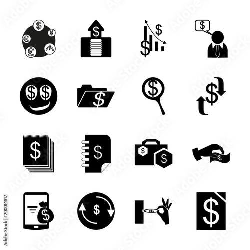 icon Currency with cashier, blank, buy, pile with coins and bank teller