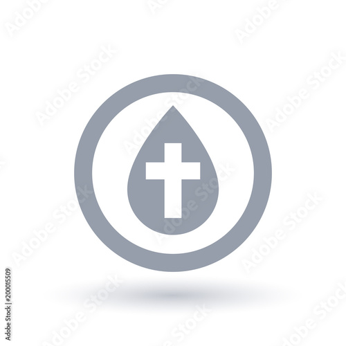Water drop with religious cross symbol in circle outline. Concept Christian baptism icon. Abstract baptise sign. Vector illustration.