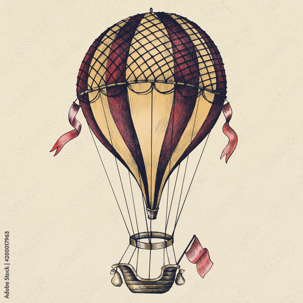 Hot air balloon vintage style illustration - obrazy, fototapety, plakaty 