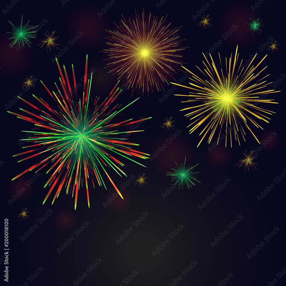 Fototapeta premium Vector golden, green, red fireworks set over night sky