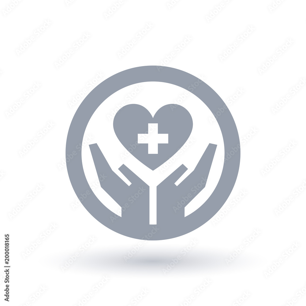 Hands hold heart with medical cross icon in circle outline. Healthcare  symbol. Hospital health plan sign. Vector illustration. Stock Vector |  Adobe Stock